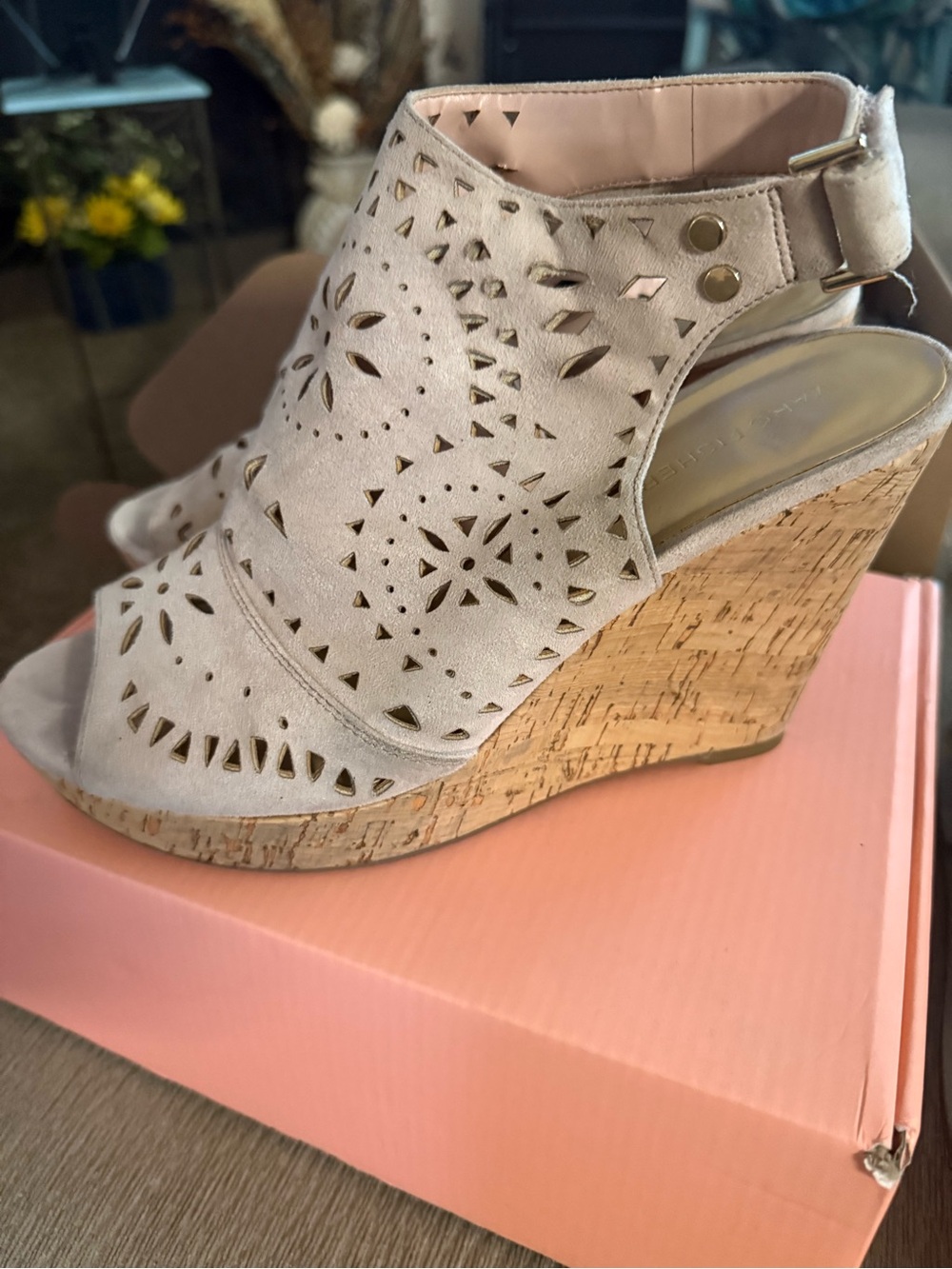 Marc Fisher Laser-Cut Cork Wedge Sandals in Light Beige